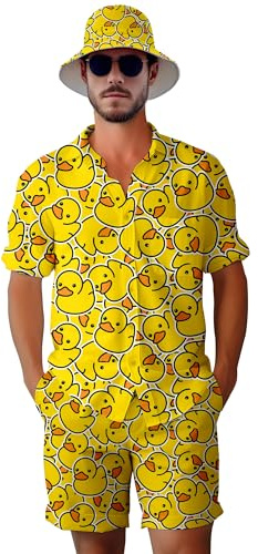 VUGOTU Men's 2 Piece Tracksuit 80s 90s Outfit Button Down 80s Shirts and Shorts Sets with Bucket Hats, Cute Yellow Duck, Large