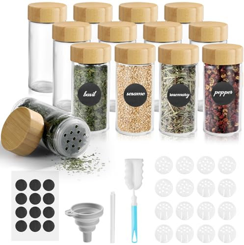 Moreau Lot de 12 Pot A Epices, 100 ml Bocaux À Épices Bambou Bois Pour Rangement Et Organisation De Cuisine,Pot A Epices En Verre Avec Étiquette, Stylo, Couvercle Intérieur