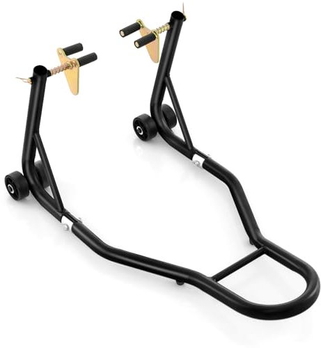 TANGZON Motorcycle Front Paddock Stand, Universal Width-adjustable Front Wheel Lift with 4 Wheels & Non-slip Pads, L-shaped Metal Motorbike Stand for Home, Garage, Repair shop (Black)
