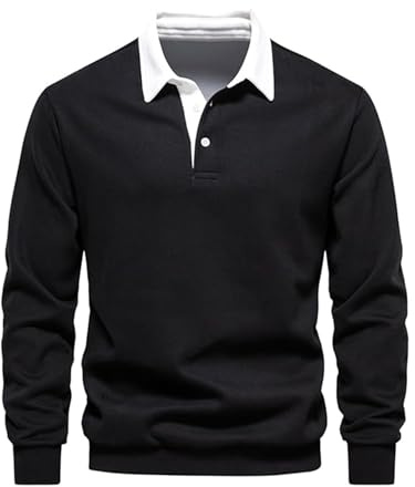 Btmpmcs Män pikétröja vardaglig långärmad t-shirt bomull golf polotröjor t-shirt topp enkel premium rugbytröja, Svart, M