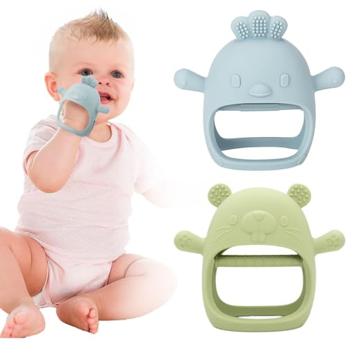 Teething-Silicone-Teether 2 Pack Teething Toys for Baby - Teething Mitten for Babies,Baby Teethers for Toddler Infant, Silicone Baby Teether Toys - Baby Boy Girl Shower Gifts, Blue and Green