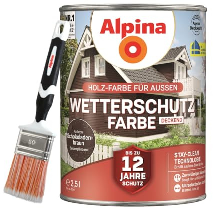 Alpina Holz-Wetterschutz-Farben inkl. Pinsel 50 mm - Schokoladenbraun, deckend - bis zu 12 Jahre Schutz vor Witterung und Nässe – schmutzabweisend, deckend & ergiebig – 2,5 L