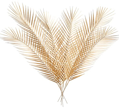 Hollyone 6 hojas de palma doradas de 30 pulgadas, hojas artificiales grandes tropicales, tallos de hojas de palma falsas, plantas artificiales decorativas para fiestas de selva, decoraciones de boda