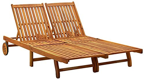 Festnight Doppel Sonnenliege Holz mit Rollen Doppelliege Outdoor 2 Personen Holzliege Gartenliege Verstellbare Liege Outdoor loungebett Liegestuhl Garten Massivholz Akazie Wetterfest
