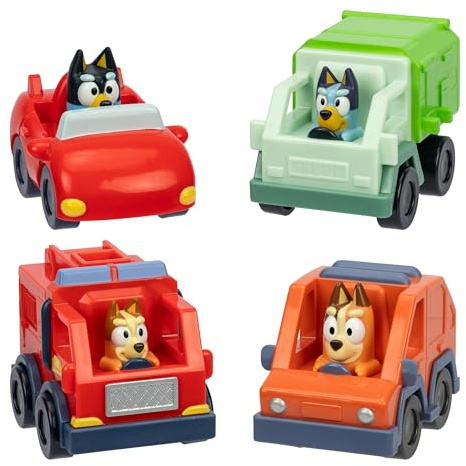 Bluey Mini Racers - Set di 4 veicoli giocattolo, camion della spazzatura, convertibile, auto di famiglia e camion dei pompieri piccole auto giocattolo, giocattoli per bambini dai 3 anni in su