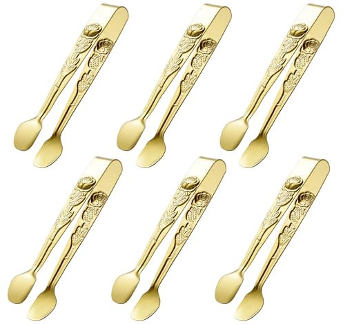 GlamRays 6 Stück Mini Zuckerzange Essen Clip, Mini Servierzangen Kleine Rosenzuckerwürfel-Beilagezangen Multifunktionale Essen Zange Zuckerzangen (Gold)