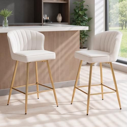 Ya-Home Set di 2 Sgabelli da Bar in Velluto Sgabelli Cucina Sgabelli Alti Moderni con Gambe in Metallo Dorato Sedie da Bar con Schienale per Cucina Bancone, Beige