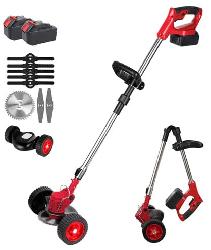 Cortadora de Césped de 2 Ruedas sin Accionamiento, 2X 3000mA Batería Cortacesped Electrico, 1500W Cortacésped Manual Push con 3 Cuchillas para Jardín, Patio Interior(Rojo)