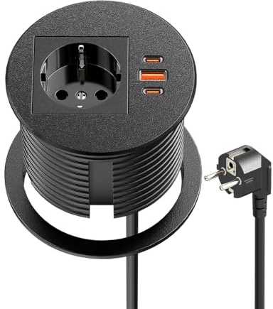Presa da incasso con USB C PD 35 W, presa da tavolo a scomparsa, rotonda, con 2 USB C e 1 Schuko, presa da incasso per scrivania da 80 mm, per mobili e ufficio, cavo da 1,8 m