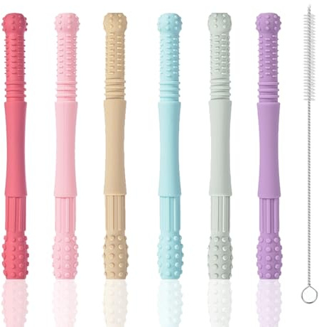 FITULABO Baby Zahnungshilfe Beißset mit 6 Silikon Beißstangen Beißröhrchen und Reinigungsbürste, 7 teiliges Set zur sensorischen Kauhilfe und Molar Massage für Babys 6 bis 12 Monate