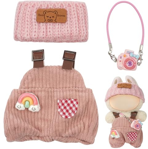 AOOTE Vestiti per Bambole da 17 cm, Vestiti per la 3 Pezzi Vestito per 15 cm-17 cm, con 1 Salopette, 1 Cappello Di Lana, 1 Macchina Fotografica Rosa, per Collezionisti, Bambini, Bambola Non Inclusa