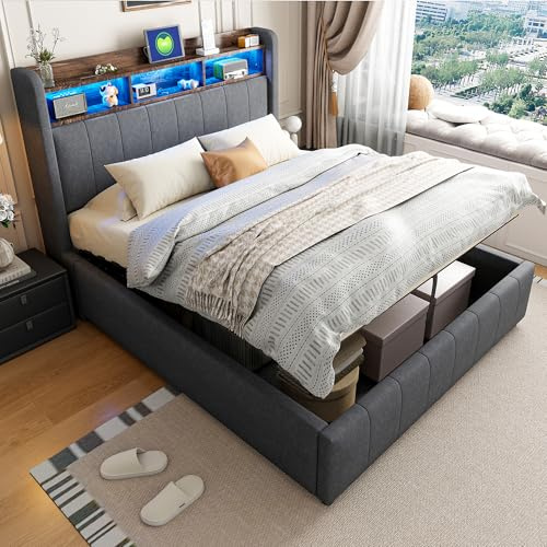 LAKFEW Camas Matrimoniales 140x200 cm con USB y Iluminación LED, Cama Matrimonio con Compartimento para Cabecera y Almacenamiento Hidráulica, Cama Juvenil con Somier Metálico, Lino, Gris, Sin Colchon