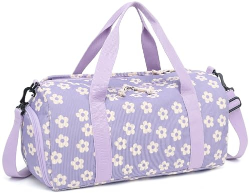 Sporttasche Kinder Schwimmtasche Jungen Damen mit Schuhfach und Nassfach Badetasche Teenager Kleine Reisetasche Fitnesstasche (Cord- Lila Blumen)
