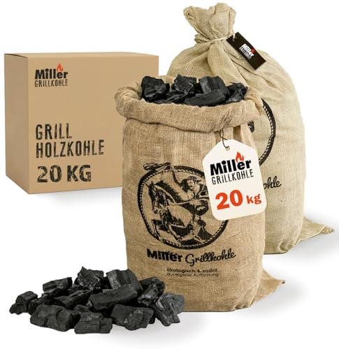 Miller Grillkohle Holzkohle 2 x 10 kg – rauchfrei, Lange Glut & hohe Temperatur – 100% Eukalyptus, nachhaltig im Jutesack
