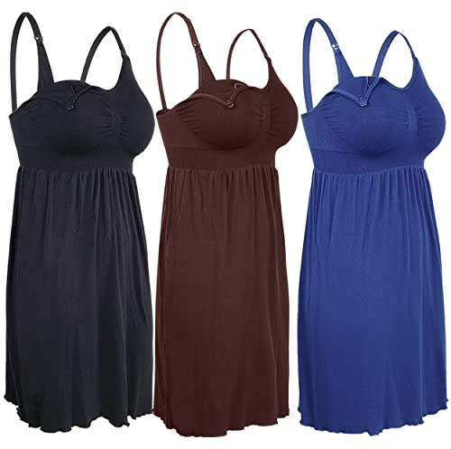 iloveSIA Nursing Gowns with Built-in Nursing Bra-3-Pack Breastfeeding Night gown-Comfort Soft for Labor Postpartum Hospital Black+Coffee+Blue Size L