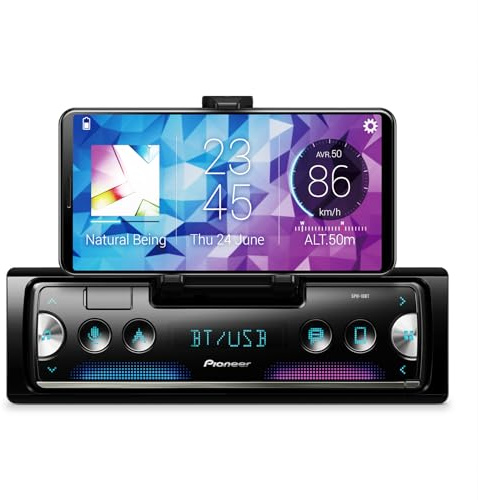 Pioneer SPH-10BT 1-Din Smart Sync Receiver – Bluetooth, Smartphone Mount, Color Change, USB, FLAC, Voice Control, 50W x 4 Output, 13-Band EQ, AM/FM Radio, Front, Rear/SW Selectable RCA Preout