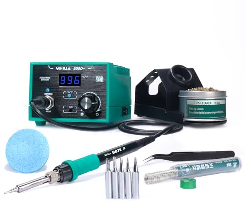 YIHUA 939D+ Digital Soldering Station, 75W Equivalent with Precision Heat Control (392°F to 896°F) and Built-in Transformer. ESD Safe, Lead Free with °C/°F display (Green)