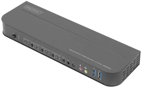 DIGITUS KVM Switch DisplayPort – 4 portar med enkel bildskärm – 4 PC 1 bildskärm – 1x mus, tangentbord och ljud för 4 datorer – UHD 4K@60Hz (4096 x 2160p) – Hot-Key KVM Switch – 2x USB 3.0 Hub – Svart