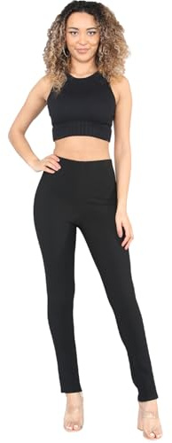 Cotton Works 2 Pack Womens Straight Leg Trousers Finely Soft Ribbed Stretch Pull On Ladies Pants Casual Full Elasticated Waist Bottoms (Black 18/31)