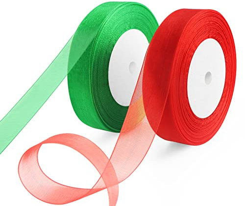 OWill 2 Rollen Geschenkband Weihnachten,20mm x 90m,Satinband rot & grün,schleifenband Weihnachten,Transparente chiffonbänder weihnachtsbänder für geschenkverpackungen,Weihnachtsbaum,Schleifen
