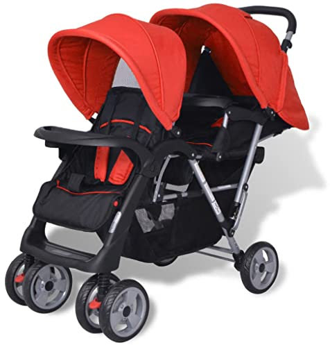 Geschwisterwagen, ZHOUMIN Geschwisterbabywagen, babywagen, Geschwisterwagen, babywagen Zwillinge, Doppelbabywagen, Zwillingsbuggy, Stahl Rot und Schwarz