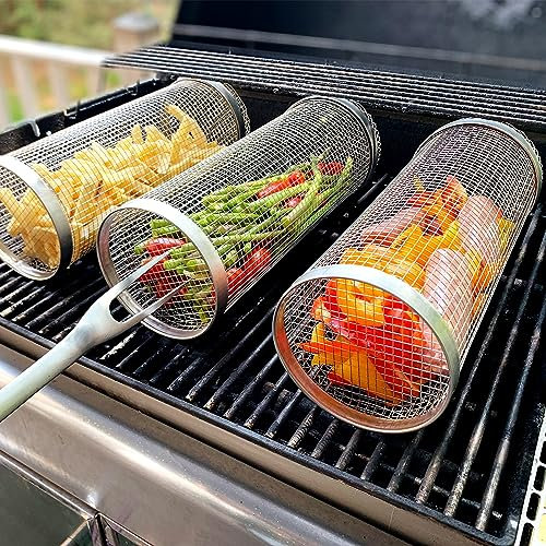 Yizemay Rolling Grillkorb Grill Zubehör, Rollendes Grillkorb, Rolling Grilling Basket, Grillnetzrohr für Den Außengrill für Gemüse, Grillkorb Edelstahl Zylindrisch, Grillnetz Outdoor Küche (21cm)