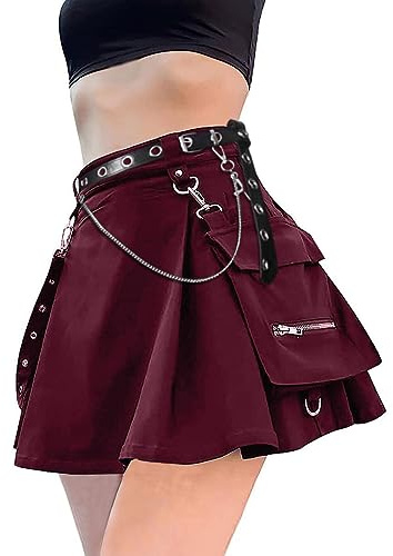 DINGJIUYAN Skater Skirt, Mini Skirt,Buckle Skirt, Zz-wine+blet, XXL