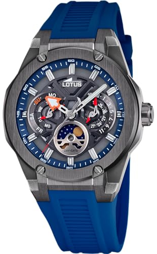 Lotus Herren Analog Uhr Mondphase Kautschuk Blau - Quarz - Kalender - Mineralglas - 10 ATM Wasserdicht - Multifunktion 18946/4 Vortex