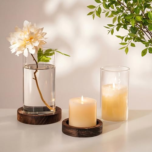 NUPTIO Portavelas rústico marrón: jarrones cilíndricos de cristal con base de placa de madera para velas flotantes, juego de 2 jarrones de madera para huracanes para bodas, fiestas, centro de mesa