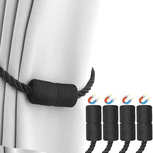 4 Pack Black Magnetic Curtain Tiebacks - Decorative Holdbacks for Wall Drapes, Curtains, Home & Outdoor Use - Elegant Curtain Pull Backs Rope Holders
