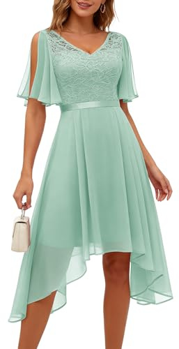 Berylove Women's Evening Dresses Short Elegant V-Neck Asymmetrical Hem Swing Cocktail Dresses Slit Sleeves Lace Dress, light green, XXL