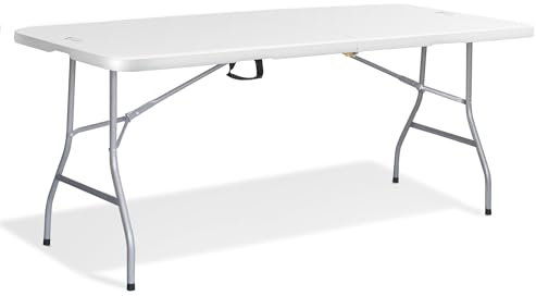 KEPLIN 6ft Folding Table with White Top, 180x70x74cm – Sturdy Metal Frame, Waterproof, Portable & Easy Assembly – Ideal for Parties, BBQs, Camping (White)