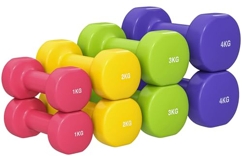 HOMCOM Ensemble d'Haltères Hexagonaux Total 20 kg, Lot de 8 Haltères Courts de Gym 1 kg - 4 kg avec Revêtement en Polyuréthane pour la Maison, en Acier, Multicolore