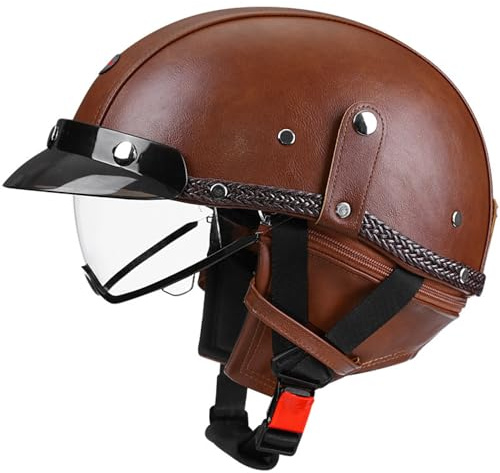VVPEC Läderhalvhjälm tysk stil retro motorcykelhjälm godkänd DOTECE män kvinnor vintage öppen hjälm halvskal keps mopedhjälm for chopper cruiser skoter(12,M=57~58cm)