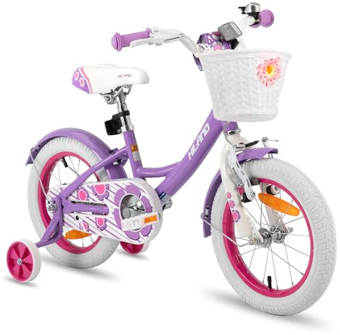 Hiland 14 Inch Girls Kids Bike, Purple Kids Bike for Girls with Hand Brake Coaster Brake, Kids Bicycle with Stabilisers Basket