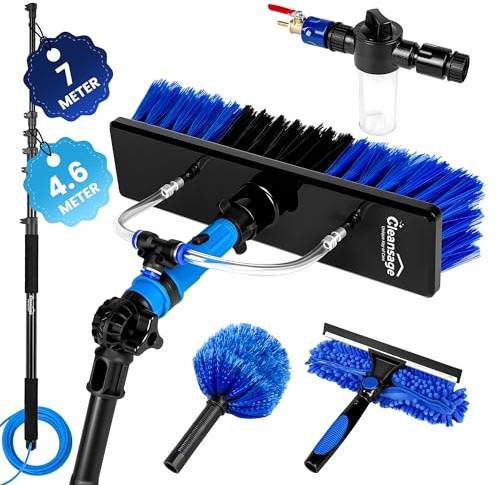 Cleansage® HydroPole Telescopic Window, Conservatory & Fascia Cleaner (4.6m/7m) | Water-Fed Pole Kit with Hose-Fed Brush, Extendable Cobweb Duster, Squeegee & Soap Dispenser (7m)