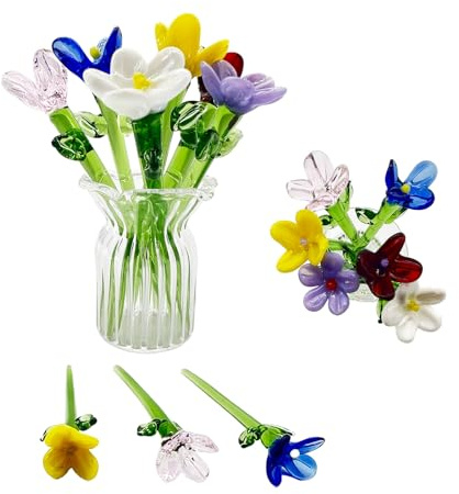 YSUY Handmade Glass 3 Bundles of Flowers Set - Striped Vase with Pink, Yellow & Navy Glass Blooms | Miniature Tabletop Decor, Home Centerpiece, Gift for Mom & Friends (1)