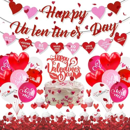 Seutgjie Décorations de Saint-Valentin – Bannière, pétales de rose, guirlande de cœur, décorations de gâteaux, ballons en forme de cœur, demande en mariage, fiançailles, anniversaire de mariage