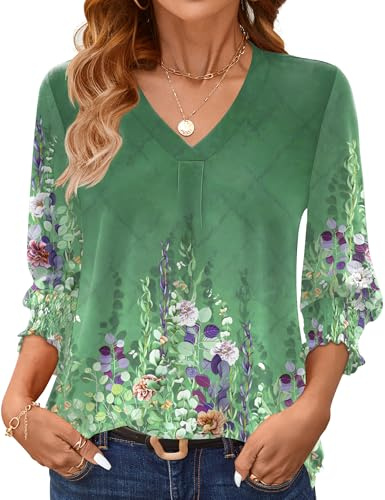 AKEWEI Blouses for Women Dressy Casual Three Quarter Sleeve Henley V Neck Pleated Shirts Loose Fit Casual Tunics Womens Boho Tops Green Floral