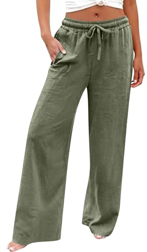Linen Style Wide Leg Pants for Women Natural Bast Fiber High Waisted Palazzo Trousers Summer Breathable Lightweight Flowy Beach Casual Pants