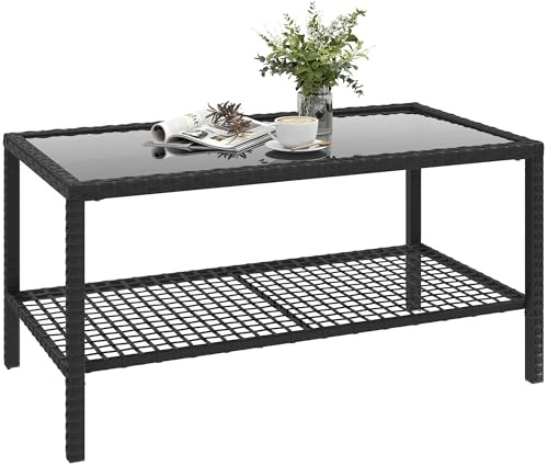 Outsunny Tavolino da Caffè in Rattan a 2 livelli con Ripiano, Piano in Vetro Temperato, Tavolino da Esterno con Struttura in Acciaio, 92x50x45 cm, Nero