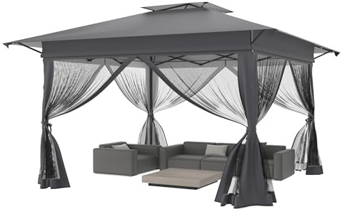 MAYTIIMO Fällbar paviljong 4 x 4 m, vikbar med ett klick-konstruktion, höjdjusterbar, UV-skydd, vattentät, trädgårdspaviljong, pop-up-festtält med bärväska på hjul för trädgård terrass utomhus