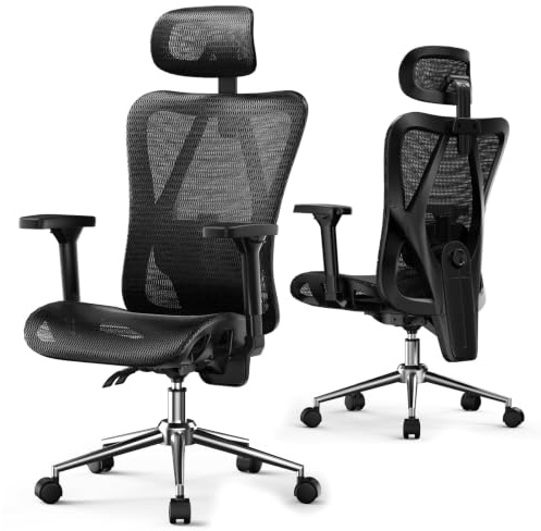 naspaluro Silla de Oficina Ergonómica con Reposacabezas, Respaldo Ajustable en 3 Posiciones, Carga hasta 150kg, Silla de Escritorio para Oficina y Home Office, Negro