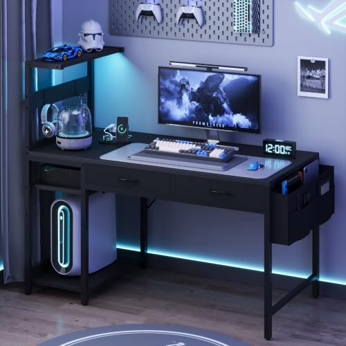 YOUDENOVA Escritorio Gaming Reversible con LED y Enchufe, Escritorio de Ordenador Compacto 100 cm con 2 Cajones, Mesa de PC para Dormitorios Pequeños Oficinas Domésticas Negro