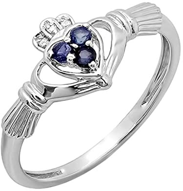 10 K oro bianco diamante e blu zaffiro nuziale promessa anello irlandese Claddagh Love a forma di cuore, Oro bianco, 17, cod. K1577-8