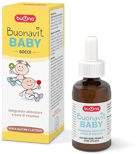 Buonavit Baby Gocce Multivitaminico Bambini 20ml, Integratore Vitamina D A B1 B2 B6 E Vitamina B12 e Acido Folico, Gusto Biscotto, Multivitaminico Senza Glutine e Lattosio, con Contagocce