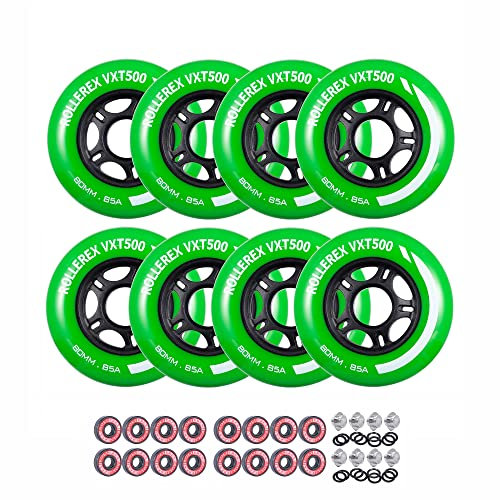 Rollerex VXT500 Inline Skate Wheels – 8-Pack with Bearings, Spacers and Washers - Durable Replacement Roller Blade Wheels for Indoor & Outdoor Skating (Turf Green, 72mm)