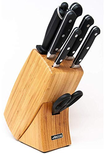 Arcos Serie Clasica - Juego de Cuchillos de 7 piezas en Caja de Regalo (5 Cuchillos + 1 Tijeras + 1 Chaira) - Hoja de Acero Inoxidable Forjado NITRUM - Mango de Polioximetileno (POM) - Color marrón