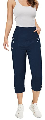 femiss Pantacourt 3/4 pour femme avec élastique - Pantalon court 3/4 doux d'été - Grande taille, bleu marine, 50
