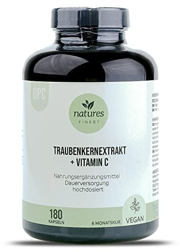 Traubenkernextrakt OPC Kapseln, natures FINEST [180] vegan, 500mg pro Kapsel, hochdosiert OPC Traubenkernextrakt Vitamin C 180 Kapseln, OPC Kapseln hochdosiert, OPC Vitamin C, Dauerversorgung